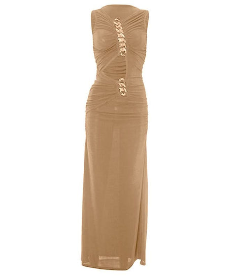 Effortless Glamour: Black Ruched Chain-Link Maxi Dress for Fall & Holiday Nights