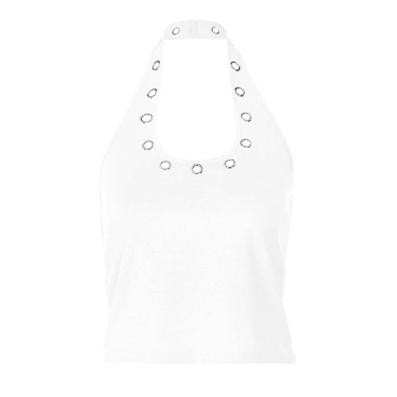 Sleek & Edgy: Grey Halter Top with Silver Grommets | Y2K Style for Fall Parties & Night Out