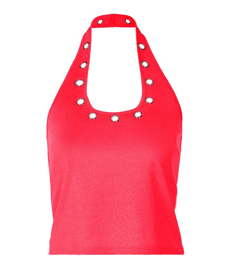 Sleek & Edgy: Grey Halter Top with Silver Grommets | Y2K Style for Fall Parties & Night Out