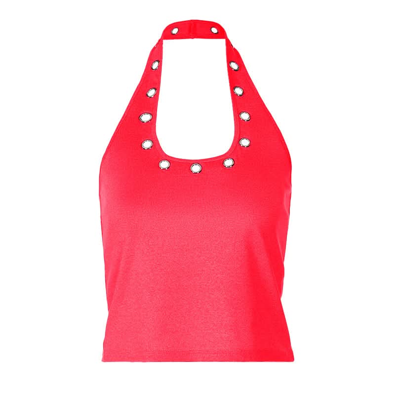 Sleek & Edgy: Grey Halter Top with Silver Grommets | Y2K Style for Fall Parties & Night Out