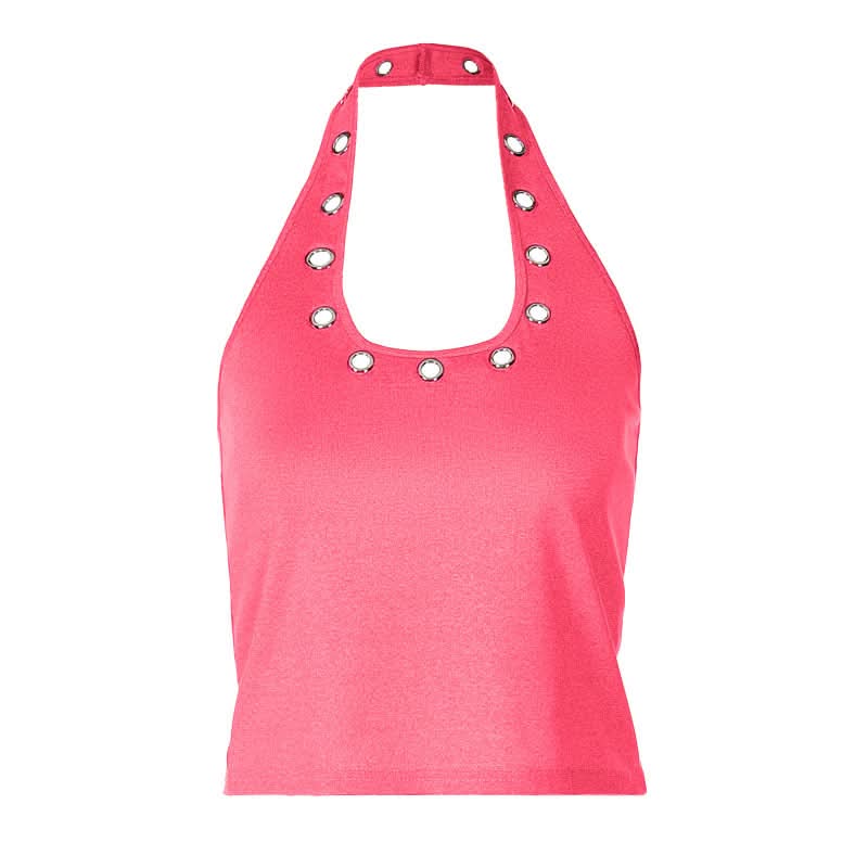 Sleek & Edgy: Grey Halter Top with Silver Grommets | Y2K Style for Fall Parties & Night Out
