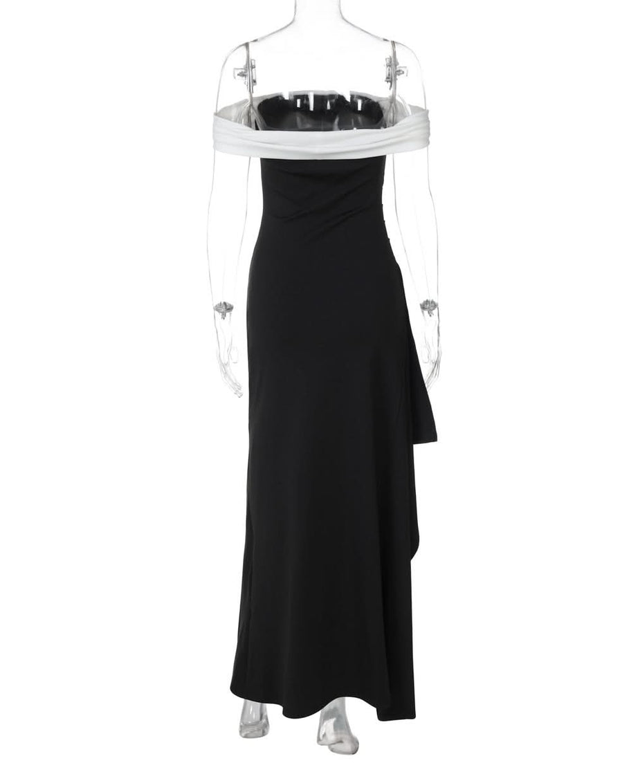 Glamourous Off-Shoulder Black & White Maxi Dress | Perfect for Holiday Parties & Galas
