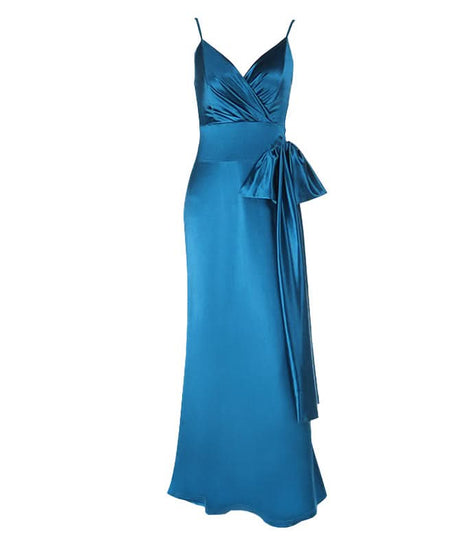 Glamorous Peacock Blue Satin Maxi Dress with Bow Detail | Holiday & Event Ready