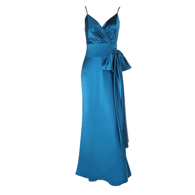 Glamorous Peacock Blue Satin Maxi Dress with Bow Detail | Holiday & Event Ready