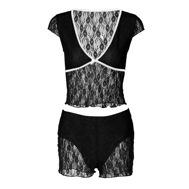 Flirty Rose Lace Pajama Set for Women | V-Neck Bowknot Top & Shorts | Cozy Fall Loungewear