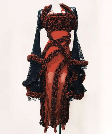 Crimson Enchantress Gown | Dramatic Ruffle & Black Lace Fall & Halloween Statement Dress