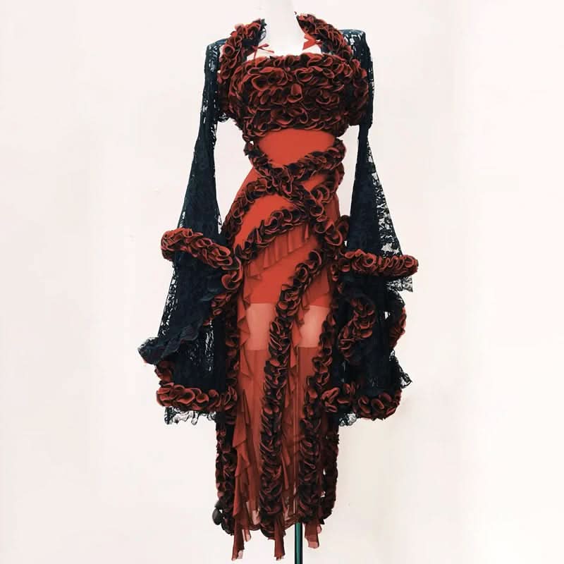 Crimson Enchantress Gown | Dramatic Ruffle & Black Lace Fall & Halloween Statement Dress