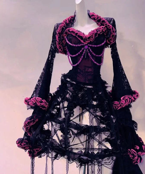 Enchanting Black & Pink Gothic 3-Piece Set: Corset, Ruffled Skirt & Lace Shrug - Perfect for Halloween & Fall Events