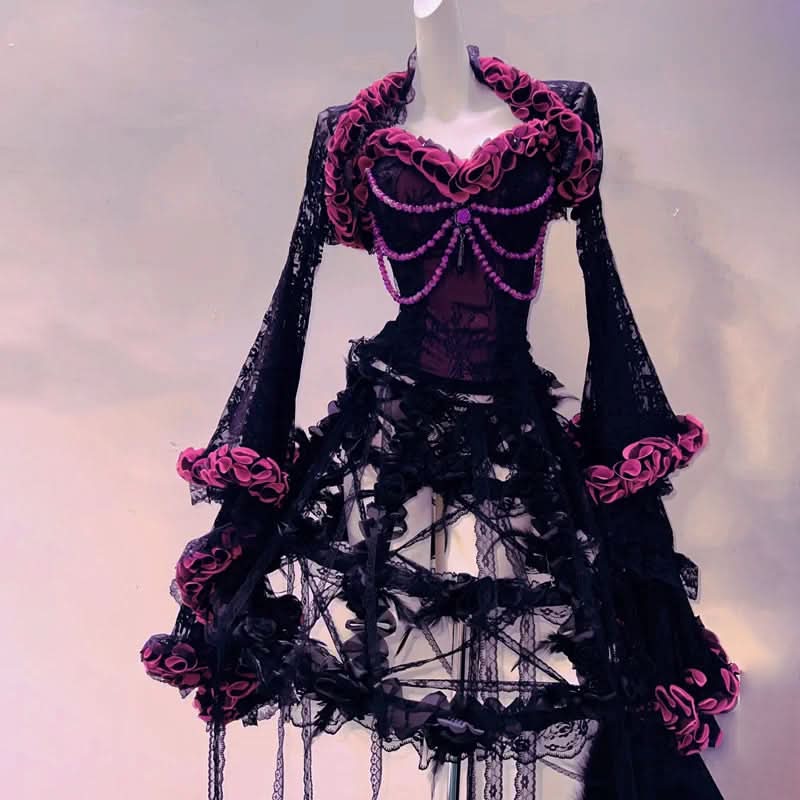 Enchanting Black & Pink Gothic 3-Piece Set: Corset, Ruffled Skirt & Lace Shrug - Perfect for Halloween & Fall Events