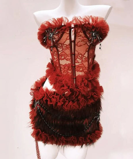 Haute Halloween: Bewitching Red Lace & Faux Fur Spider Corset Mini Set