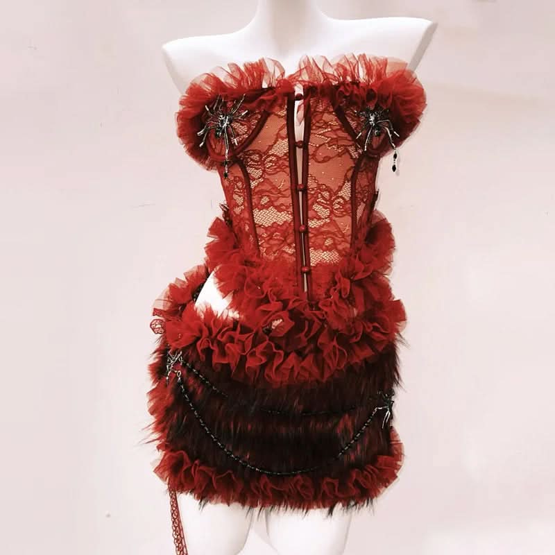 Haute Halloween: Bewitching Red Lace & Faux Fur Spider Corset Mini Set