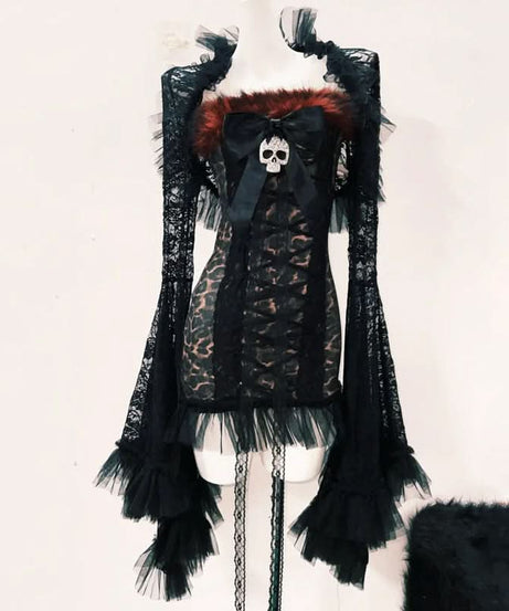 Gothic Glamour Skull Bow Mini Dress with Dramatic Bell Sleeves