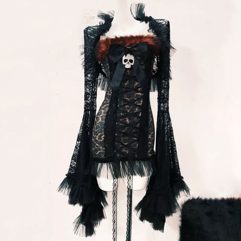 Gothic Glamour Skull Bow Mini Dress with Dramatic Bell Sleeves