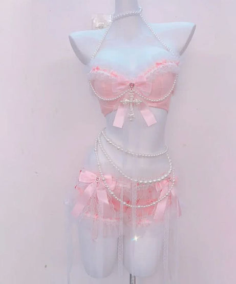Enchanting Pink Coquette Angel Lingerie Set – Pearl & Lace Halter for Romantic Fall Nights