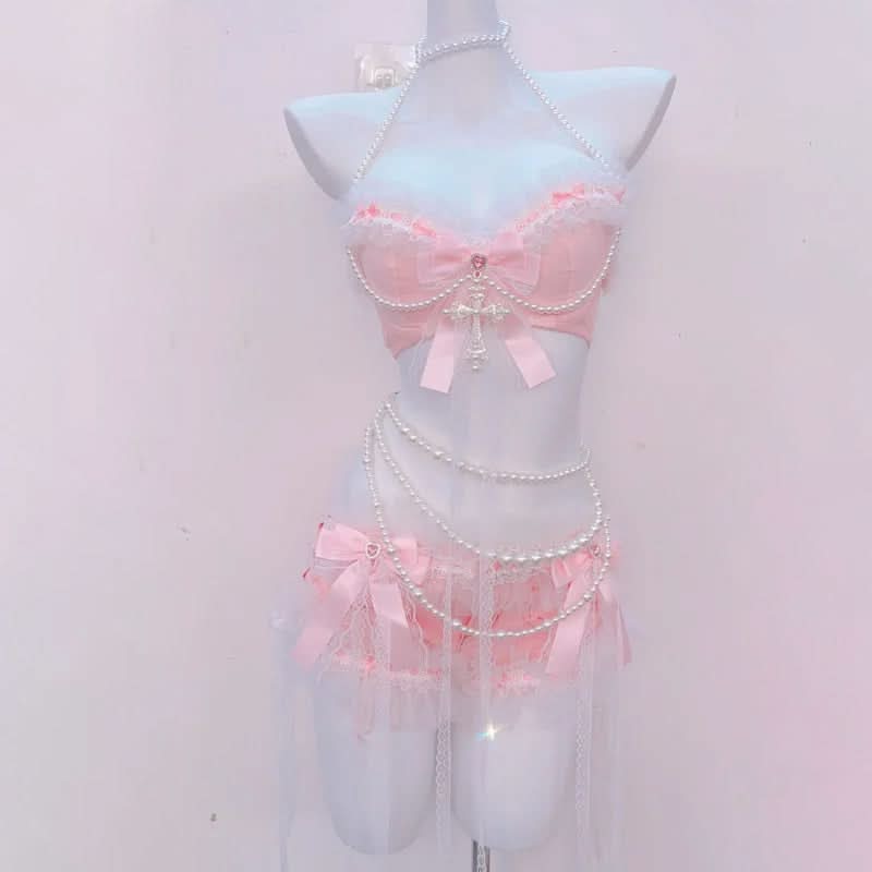 Enchanting Pink Coquette Angel Lingerie Set – Pearl & Lace Halter for Romantic Fall Nights