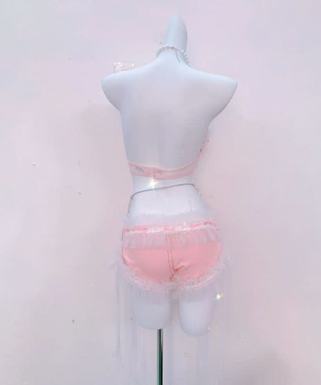 Enchanting Pink Coquette Angel Lingerie Set – Pearl & Lace Halter for Romantic Fall Nights