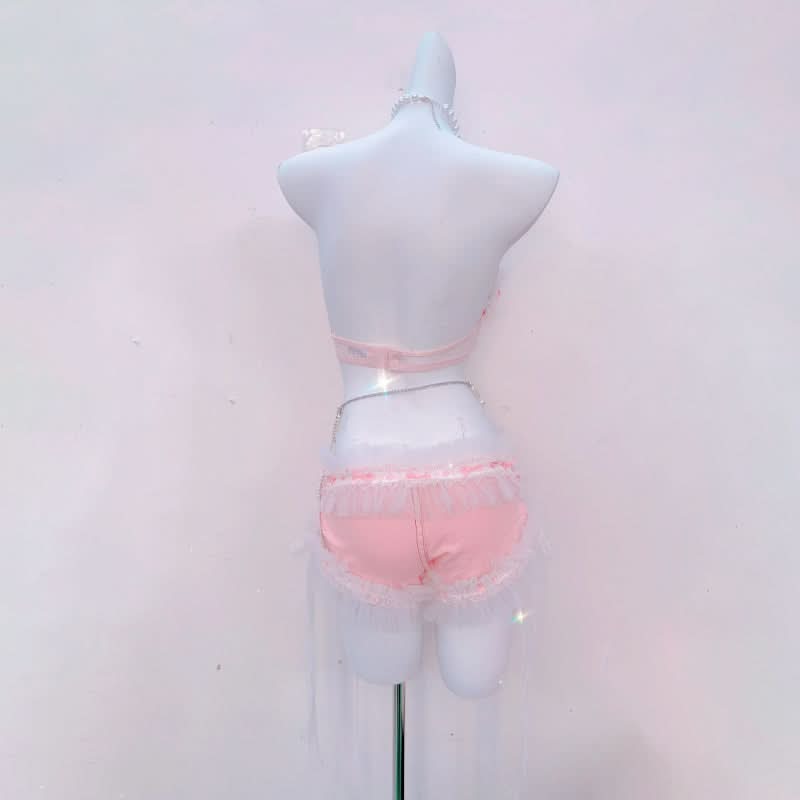 Enchanting Pink Coquette Angel Lingerie Set – Pearl & Lace Halter for Romantic Fall Nights