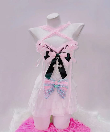 Gothic Romance Halter Crop Top | Coquette Ruffle, Bow & Pearl Cross Charm