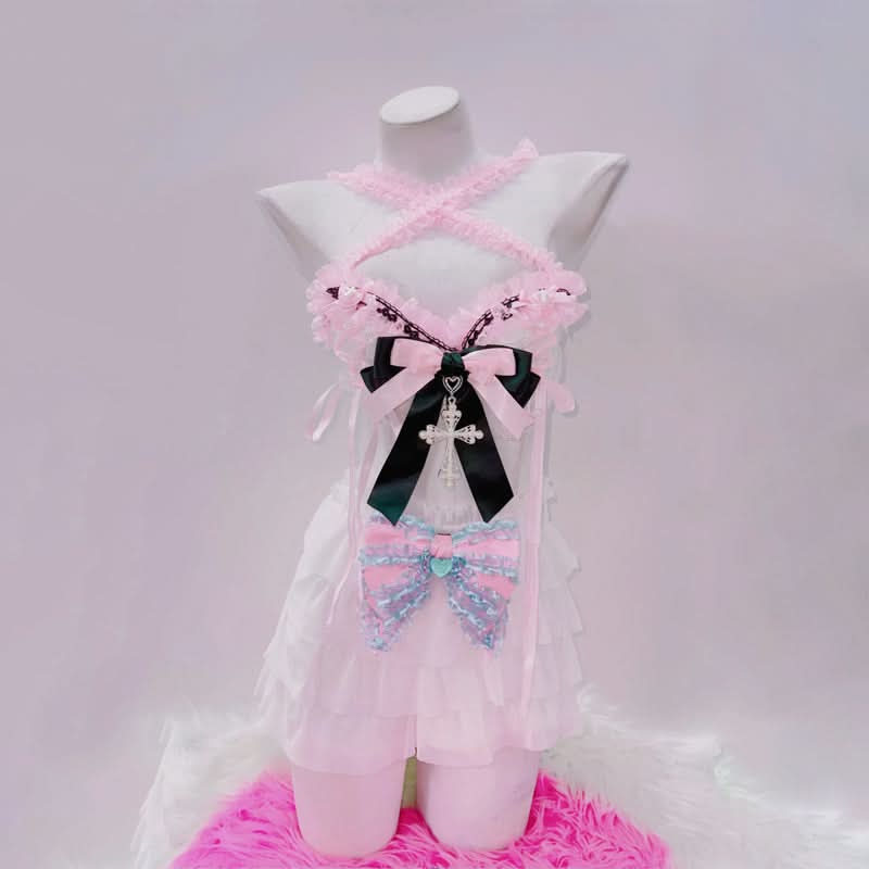 Gothic Romance Halter Crop Top | Coquette Ruffle, Bow & Pearl Cross Charm