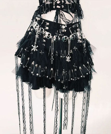 Fierce Gothic Skull Halter Top - Edgy Lace-Up Corset for Halloween, Festivals & Fall Nights