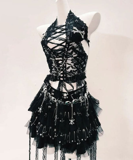 Fierce Gothic Skull Halter Top - Edgy Lace-Up Corset for Halloween, Festivals & Fall Nights
