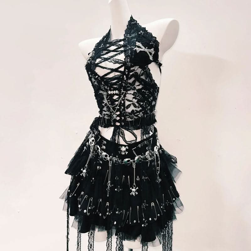 Fierce Gothic Skull Halter Top - Edgy Lace-Up Corset for Halloween, Festivals & Fall Nights