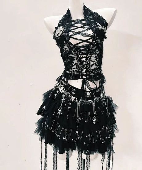 Fierce Gothic Skull Halter Top - Edgy Lace-Up Corset for Halloween, Festivals & Fall Nights