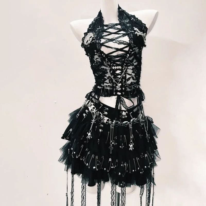 Fierce Gothic Skull Halter Top - Edgy Lace-Up Corset for Halloween, Festivals & Fall Nights