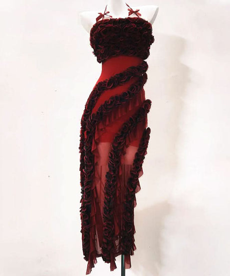 The Scarlet Rhapsody Sculpted Ruffle Maxi Gown - Fall & Holiday Glamour