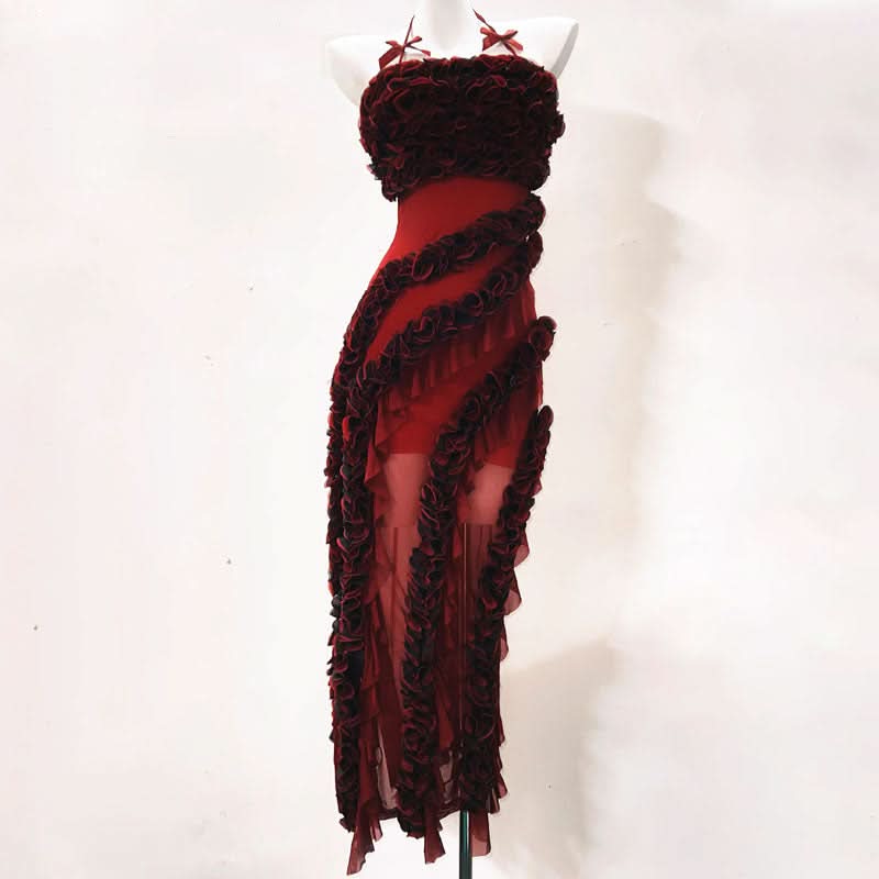 The Scarlet Rhapsody Sculpted Ruffle Maxi Gown - Fall & Holiday Glamour