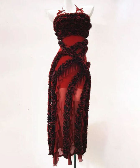 The Scarlet Rhapsody Sculpted Ruffle Maxi Gown - Fall & Holiday Glamour