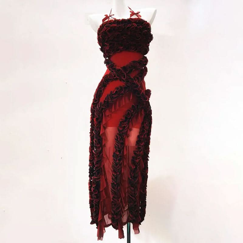 The Scarlet Rhapsody Sculpted Ruffle Maxi Gown - Fall & Holiday Glamour
