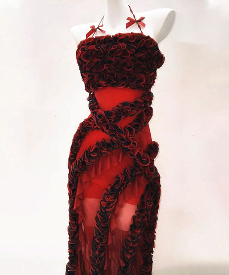 The Scarlet Rhapsody Sculpted Ruffle Maxi Gown - Fall & Holiday Glamour