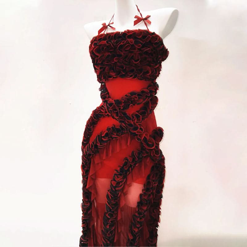 The Scarlet Rhapsody Sculpted Ruffle Maxi Gown - Fall & Holiday Glamour