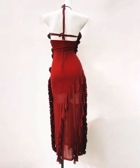 The Scarlet Rhapsody Sculpted Ruffle Maxi Gown - Fall & Holiday Glamour