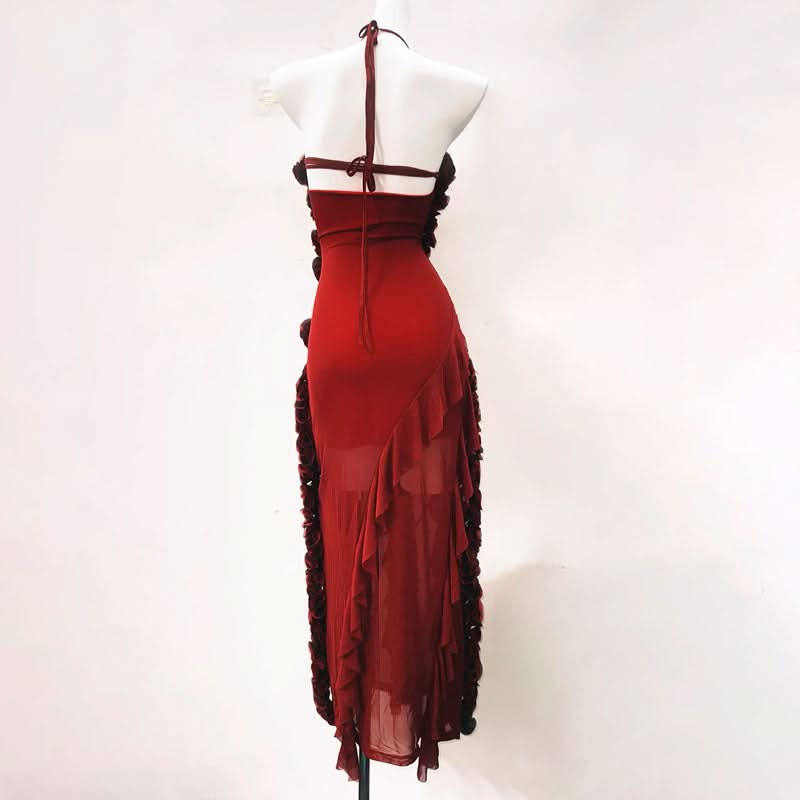 The Scarlet Rhapsody Sculpted Ruffle Maxi Gown - Fall & Holiday Glamour