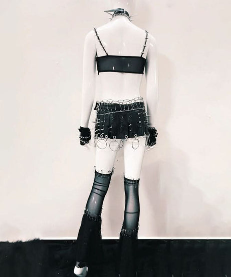 Fierce Spiked Skull O-Ring Cutout Crop Top | Edgy Goth Punk Clubwear & Halloween Statement