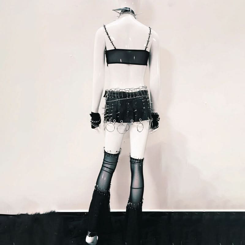 Fierce Spiked Skull O-Ring Cutout Crop Top | Edgy Goth Punk Clubwear & Halloween Statement