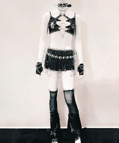 Fierce Spiked Skull O-Ring Cutout Crop Top | Edgy Goth Punk Clubwear & Halloween Statement