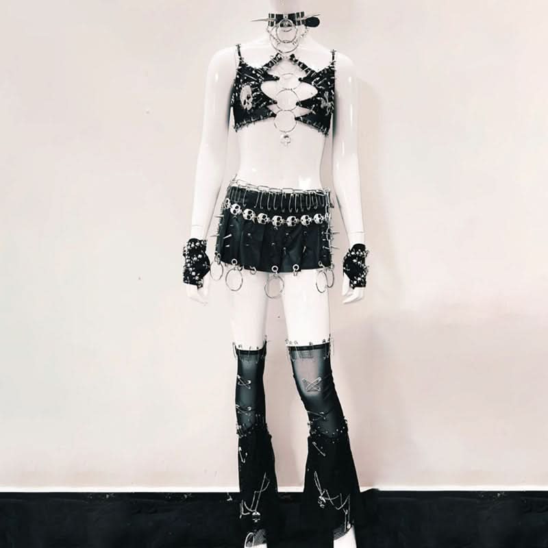 Fierce Spiked Skull O-Ring Cutout Crop Top | Edgy Goth Punk Clubwear & Halloween Statement