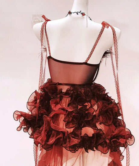Bewitching Crimson Ruffle Mini Dress - Feather Trim, Corset & Gothic Glam for Halloween & Parties