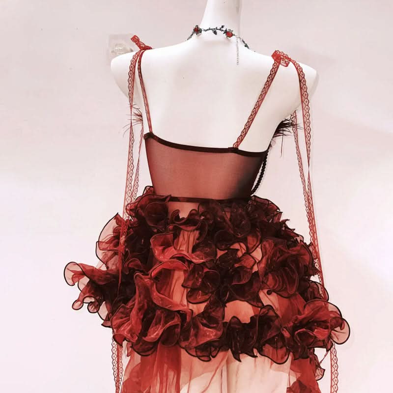 Bewitching Crimson Ruffle Mini Dress - Feather Trim, Corset & Gothic Glam for Halloween & Parties