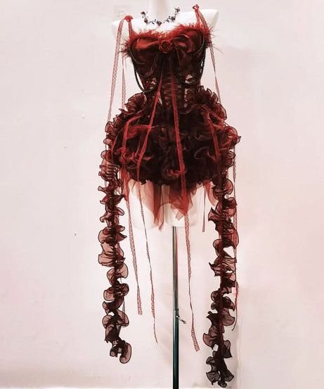 Bewitching Crimson Ruffle Mini Dress - Feather Trim, Corset & Gothic Glam for Halloween & Parties