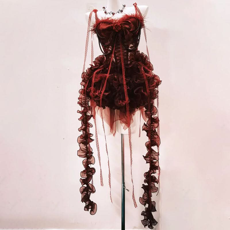 Bewitching Crimson Ruffle Mini Dress - Feather Trim, Corset & Gothic Glam for Halloween & Parties