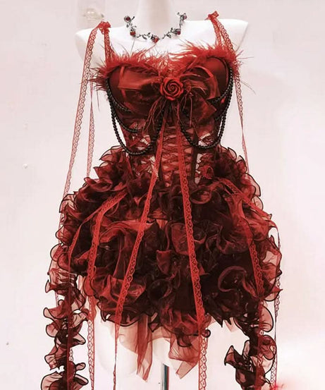 Bewitching Crimson Ruffle Mini Dress - Feather Trim, Corset & Gothic Glam for Halloween & Parties