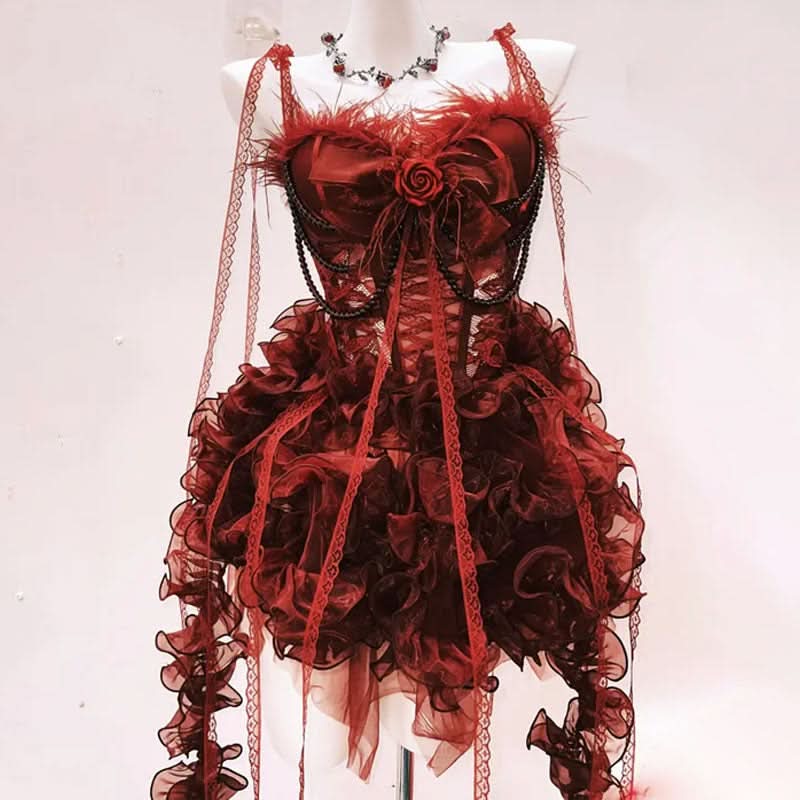 Bewitching Crimson Ruffle Mini Dress - Feather Trim, Corset & Gothic Glam for Halloween & Parties