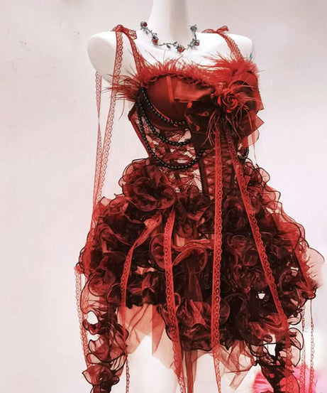 Bewitching Crimson Ruffle Mini Dress - Feather Trim, Corset & Gothic Glam for Halloween & Parties