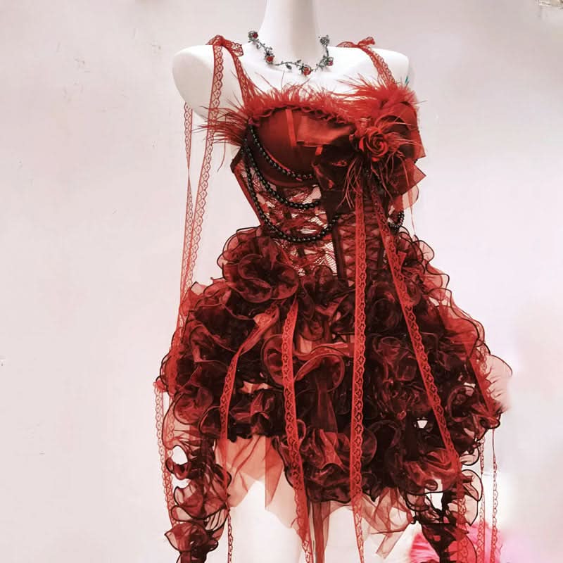 Bewitching Crimson Ruffle Mini Dress - Feather Trim, Corset & Gothic Glam for Halloween & Parties