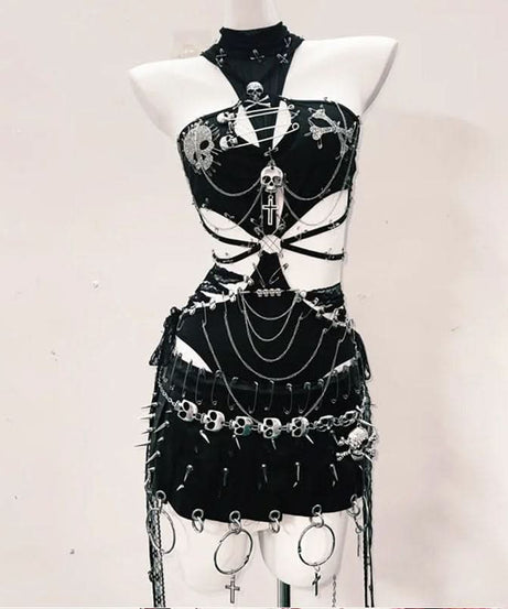 Fierce Gothic Skull & Chain Ribcage Halter Top & Mini Skirt Set - Spooky Season & Rave Ready