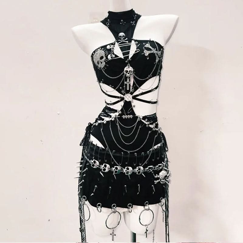 Fierce Gothic Skull & Chain Ribcage Halter Top & Mini Skirt Set - Spooky Season & Rave Ready